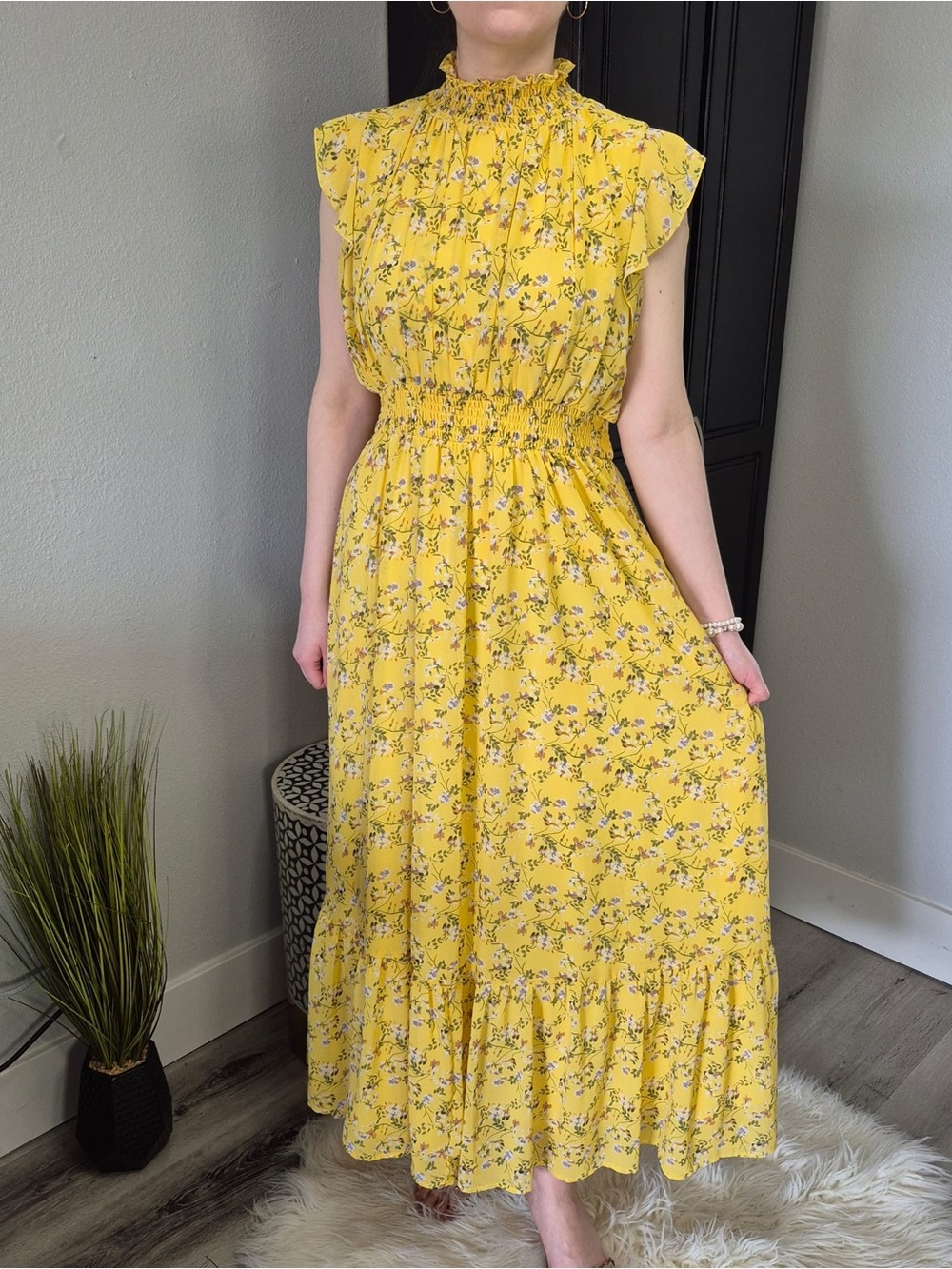 Yellow Floral Smocked Maxi Dress - Picture 4 of 5